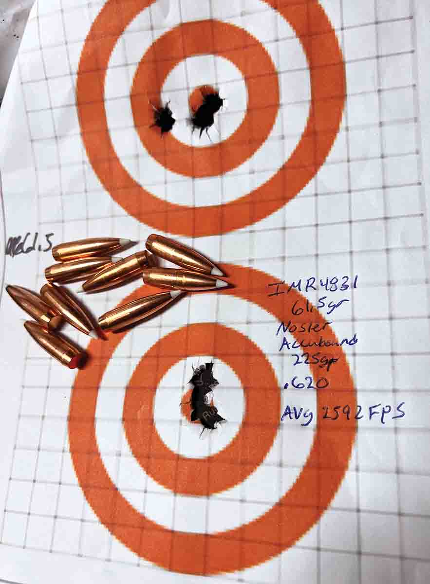 A target of the best group shot with Nosler 225-grain AccuBond bullets using IMR-4831 powder and Federal 210 primers. It had a group size of .620-inch average and 2,592 fps.